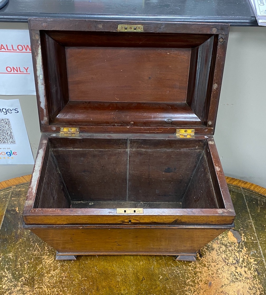 A small George IV mahogany sarcophagus wine cooler, width 52cm, depth 31cm, height 42cm
